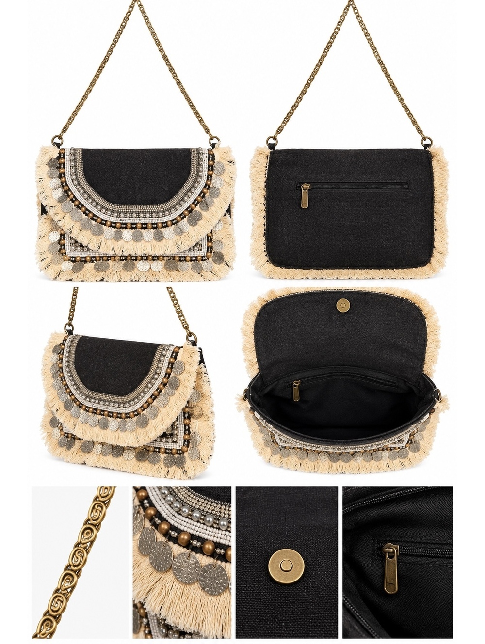 Black and cream embellished flap shoulder bag
